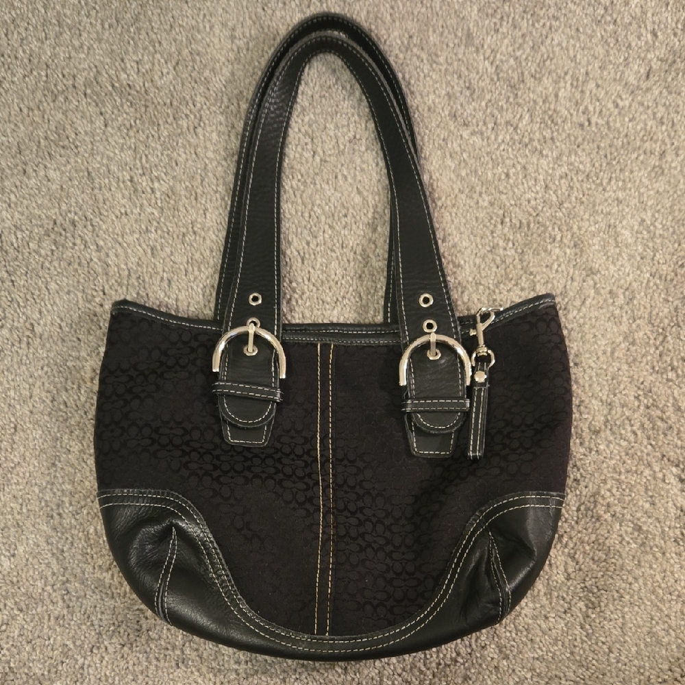 Coach Logo Print Black Leather Tote Bag